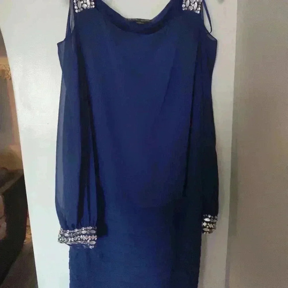 Betsy & Adam Jeweled Blouson Cold Shoulder Cocktail Dress 14 Royal Blue Mob Wife - Picture 2 of 6